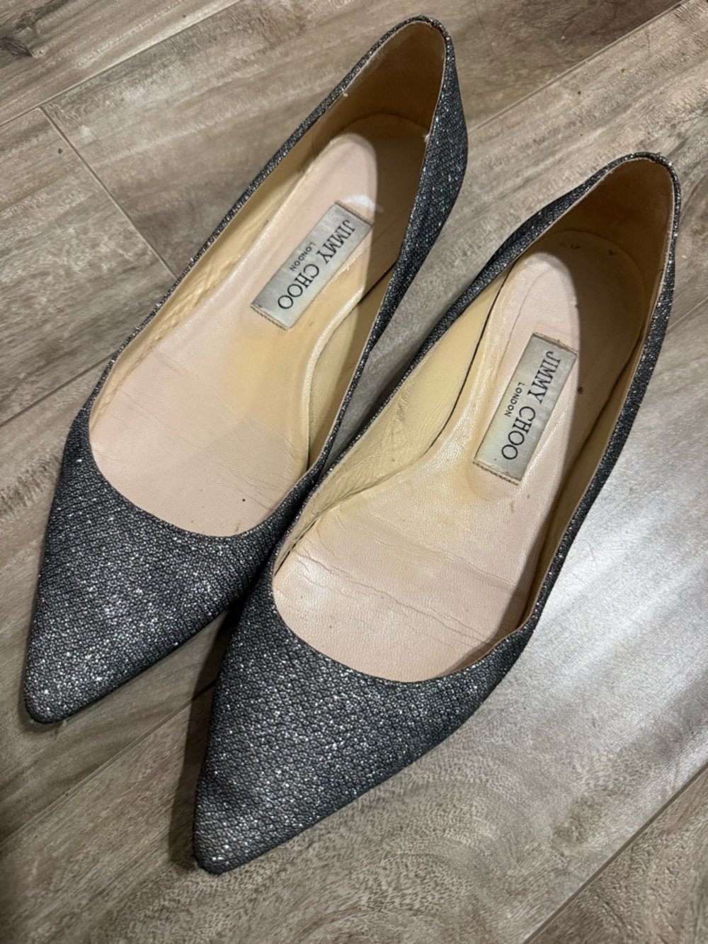 Jimmy Choo Silver Glitter Pointed Toe Flats